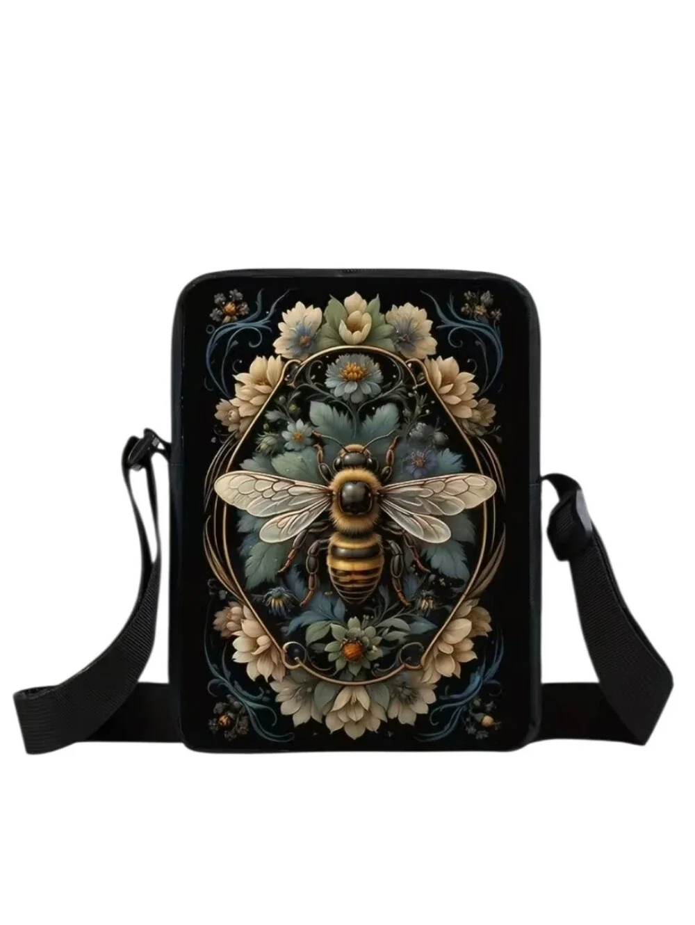 Bumblebee Garden Crossbody Bag Adjustable Strap Yellow Black Bee Print Purse